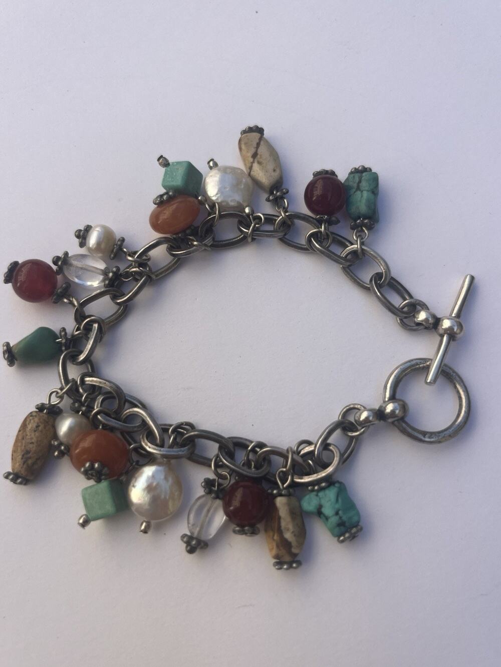 VTG Sterling Silver Gemstone Charms Turquoise Pearl Chain Bracelet Heavy 36g